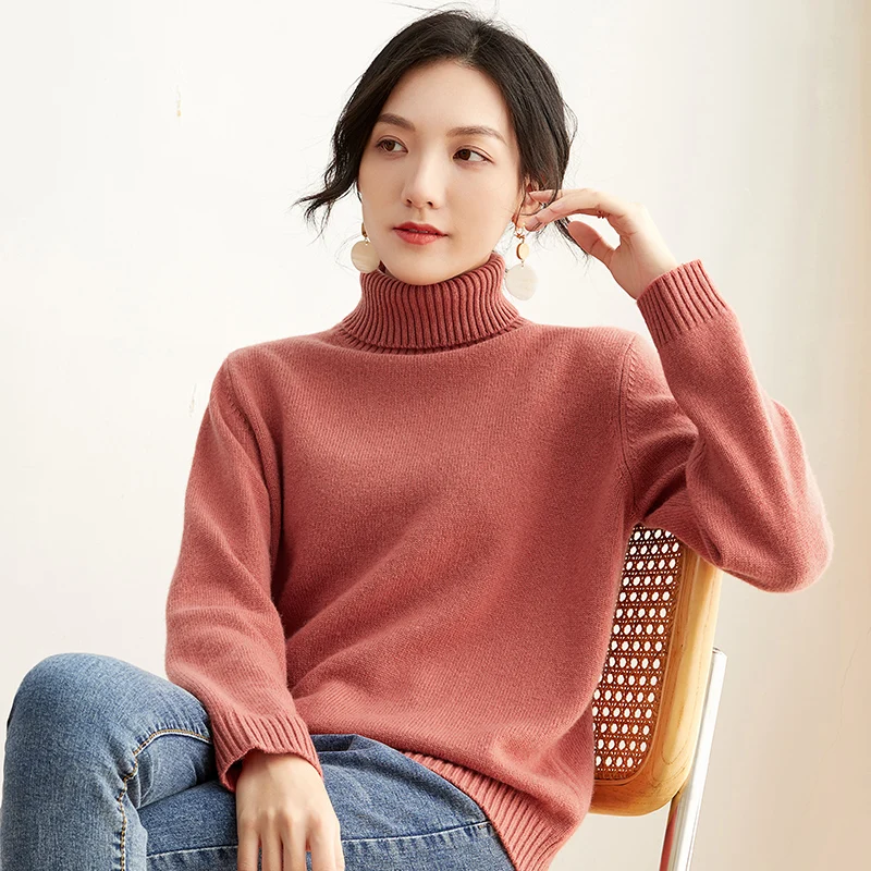 Sweater women's new high lapel pullover pure color