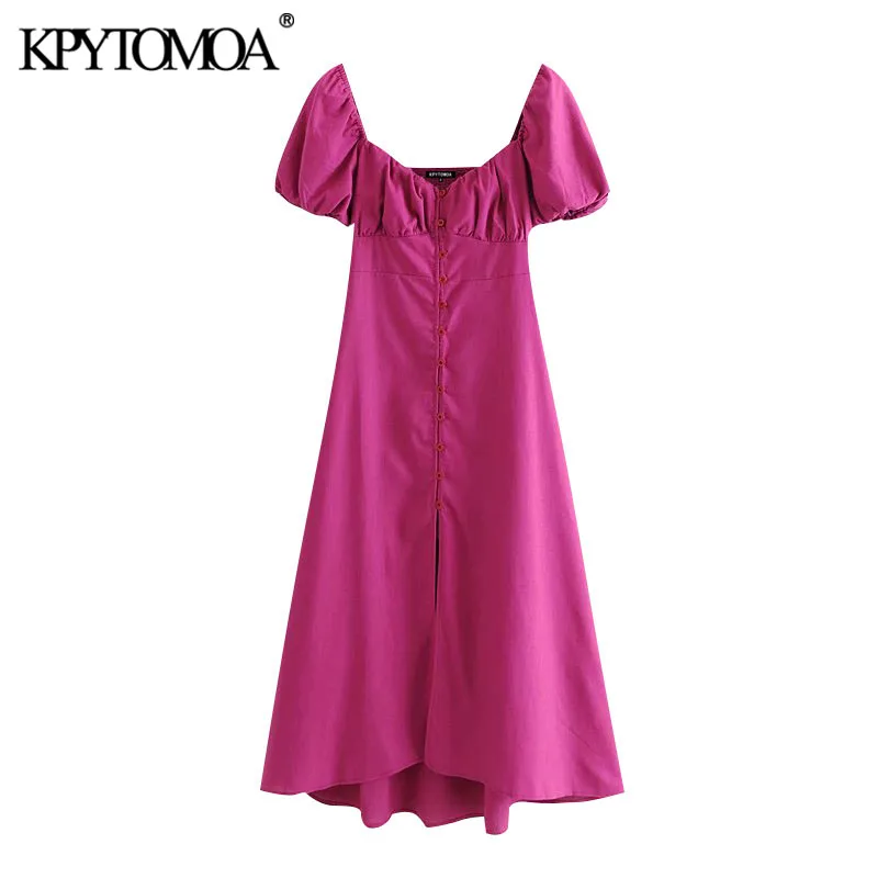 KPYTOMOA Women 2020 Chic Fashion With Buttons Linen Midi Dress Vintage V Neck Puff Sleeve Back Elastic Female Dresses Vestidos KPYTOMOA Women 2020 Chic Fashion With Buttons Linen Midi Dress Vintage V Neck Puff Sleeve Back Elastic Female Dresses Vestidos
