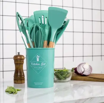 

Cooking Tool Set Silicone Kitchen High Quality Temperature Resistance Cookware Set With Storage Box Turner Tongs Spatula Spoon