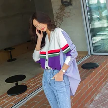 SuperAen женский свитер в Корейском стиле, пальто с v-образным вырезом, с длинными рукавами, в полоску, осень, женский свитер, модные повседневные топы