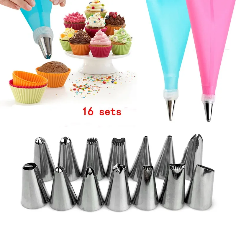 

16pcs/set Cake Icing Piping Cream Pastry Bags Dispenser Decoration Tools Bake-ware Silicone Bag Stainless Steel Mouths Mold