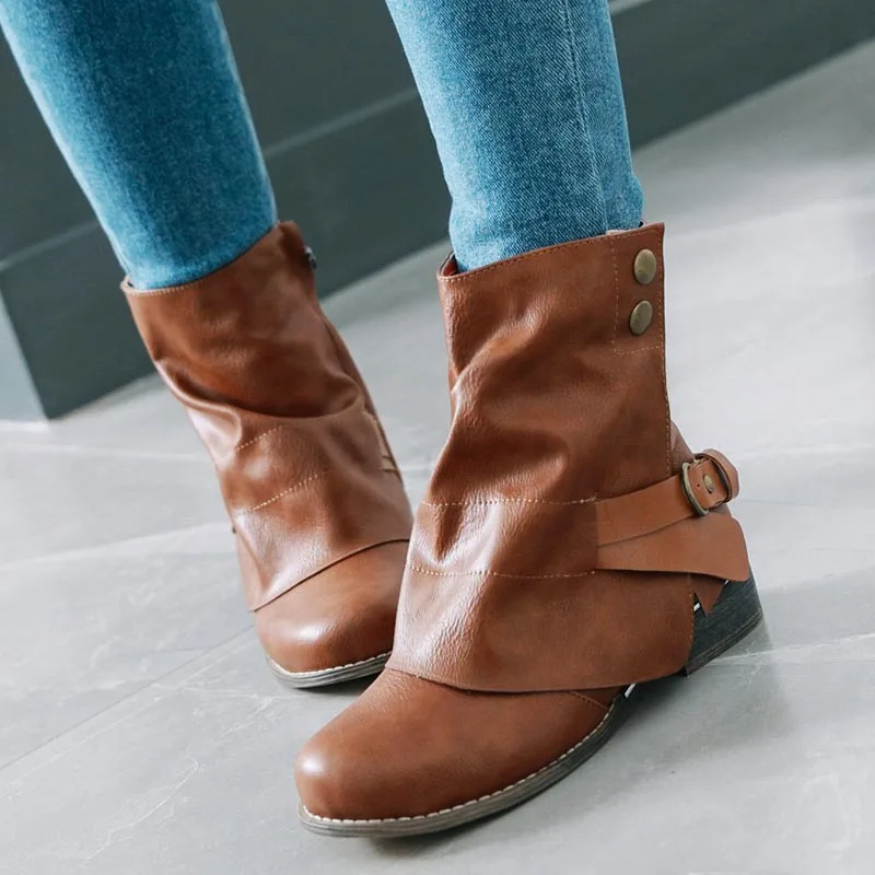 

Retro Mixed Colors PU Metal Decoration Ankle Boots Fashion Buckle Strap Women Shoes Concise Off Winter Plush High Heels Botines