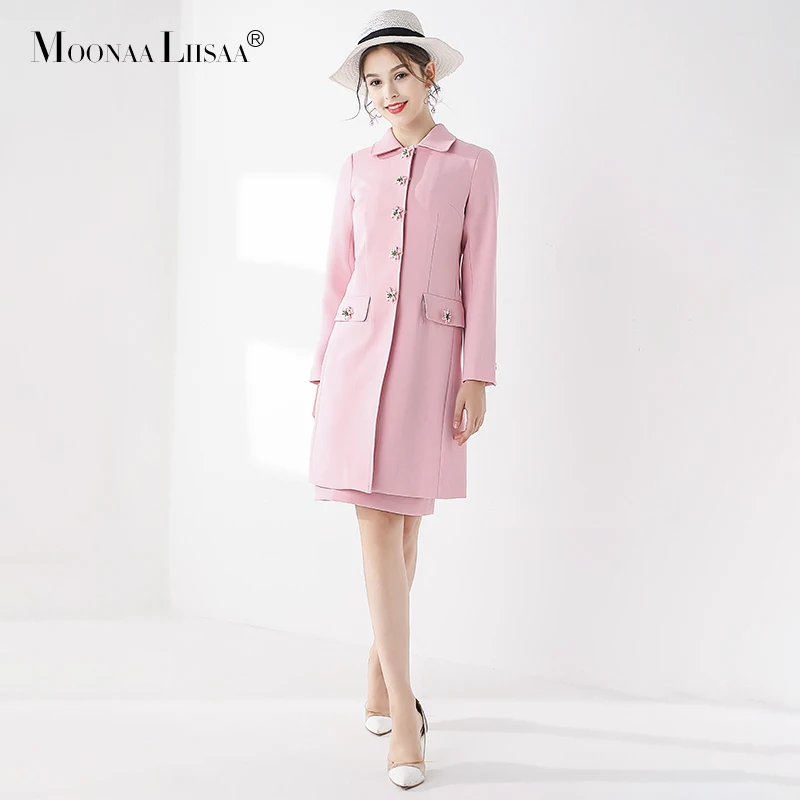 

moonaaliisaa Custom Lily Button Solid Color Pink Jacket 2019 Autumn New Slim Mid-length Coat Temperament Windbreaker