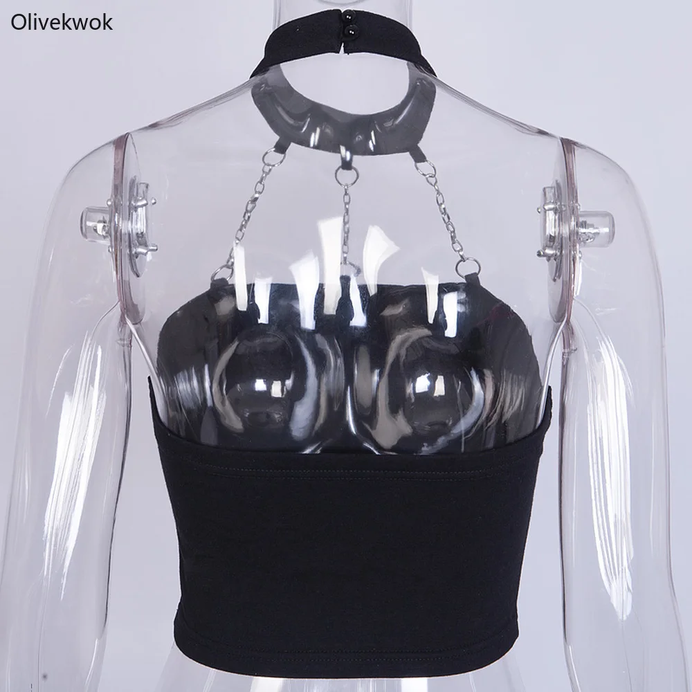 Olivekwok, летняя Новинка, женский, подчеркивающий индивидуальность, цепь, Холтер, сексуальный, без рукавов, открытая спина, короткий топ, Повседневный, однотонный, Тонкий Топ, 83396