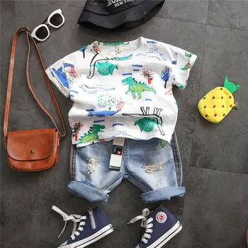 

2 3 4 5 6 Years Toddler Boys 2pcs Cartoon Dinosaur Printed Short-sleeved T-shirt Denim Shorts Boy Clothing Sets Summer 2020 New