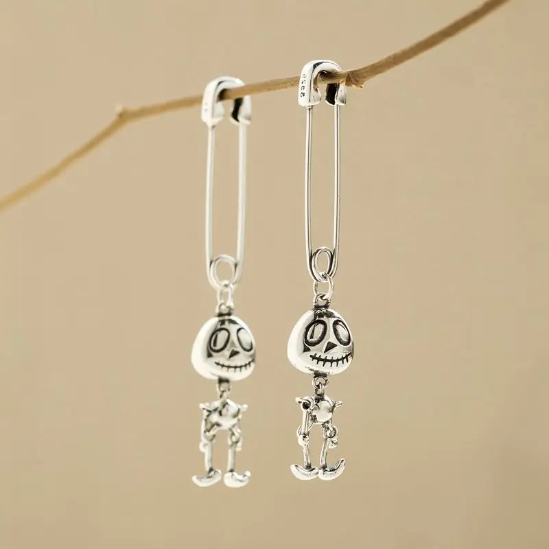 

Silvology Pin Small Skeleton Earrings 925 Sterling Silver Vintage Funny Punk Long Drop Earrings for Women Creative Jewelry Gift