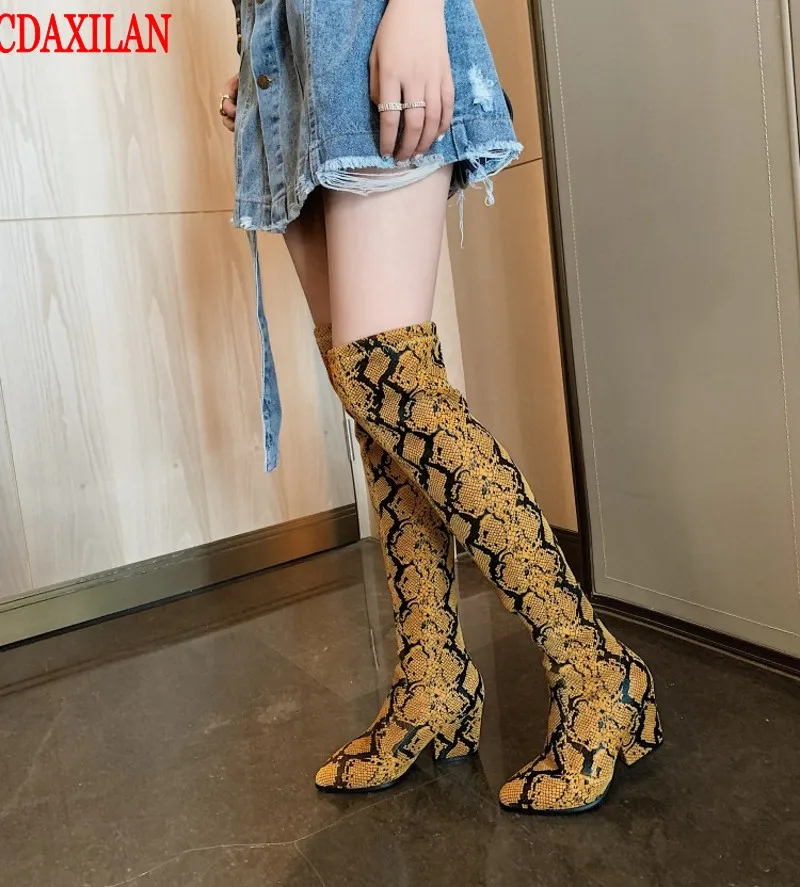 CDAXILAN new arrivals women's boots snake-printed microfiber leather stretch fabric square high heels over-the-knee boots winter
