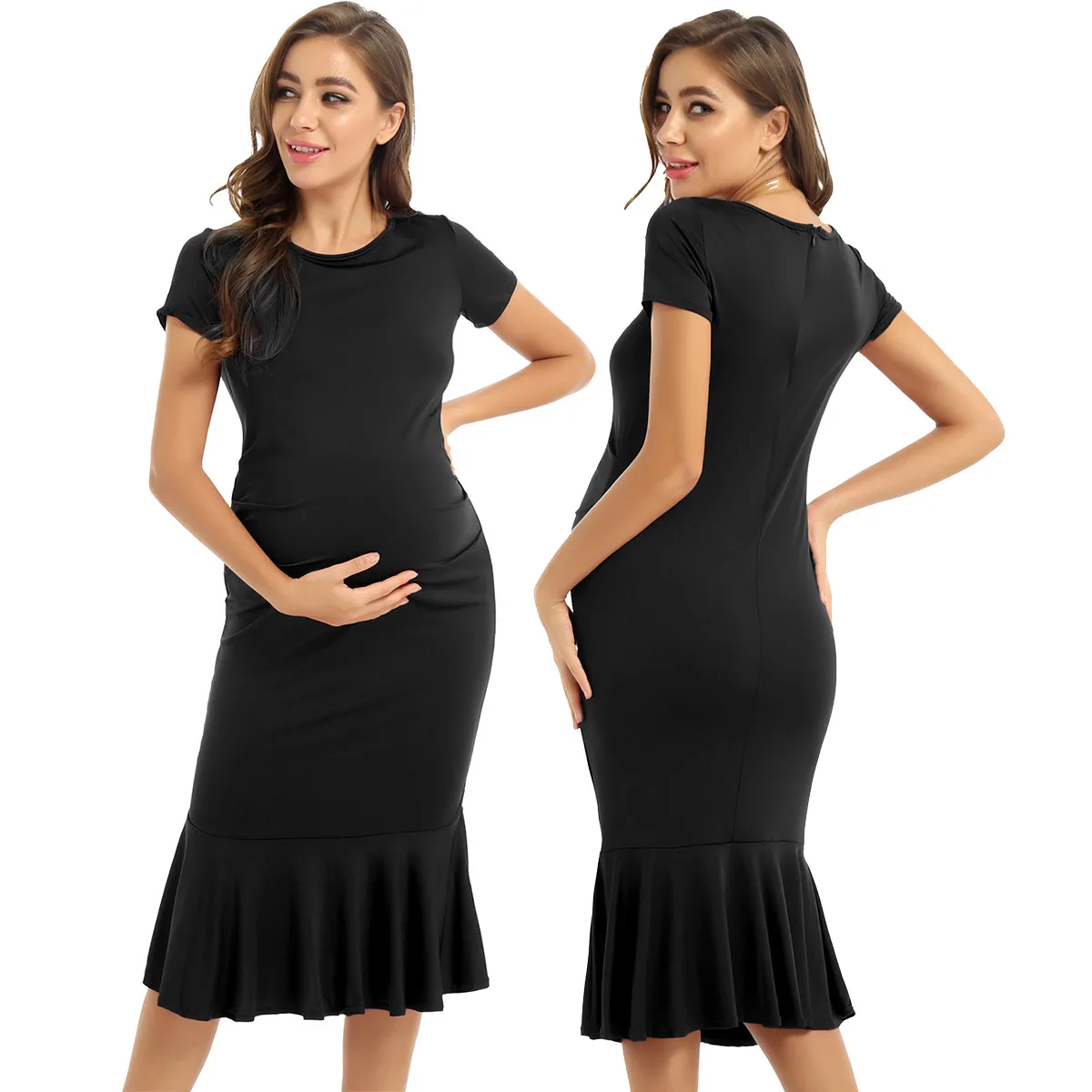 

Maternity Women Clothing Fashion Summer Party Dress Short Sleeves Ruched Sides Flared Mermaid Ruffle Hem Bodycon Midi Dress