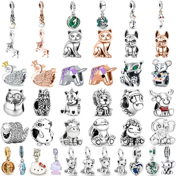 

Cute Animal Beads for Jewelry Making Fit Original Pandora Charm Bracelet Cat Lion Unicorn Mermaid Pendant Women Fine Pulsera DIY