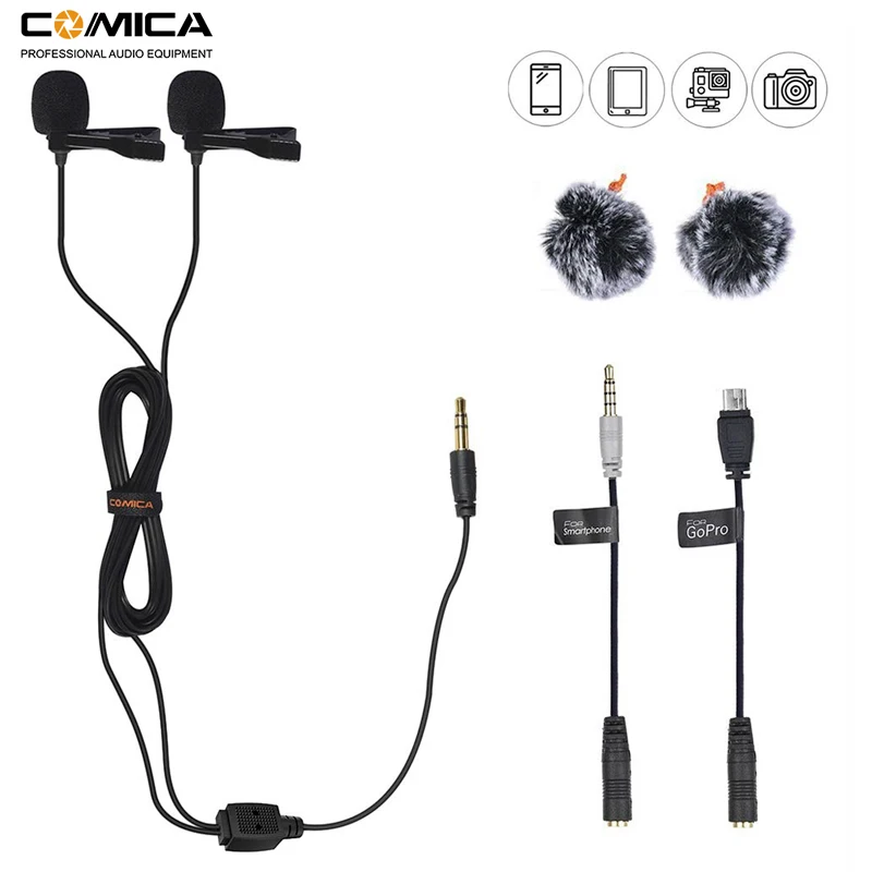 Comica CVM-D02B с двумя головками петличный микрофон Lavalier для Canon Nikon sony A7 A6300 камера/для Iphone 6 6plus смартфон/для G