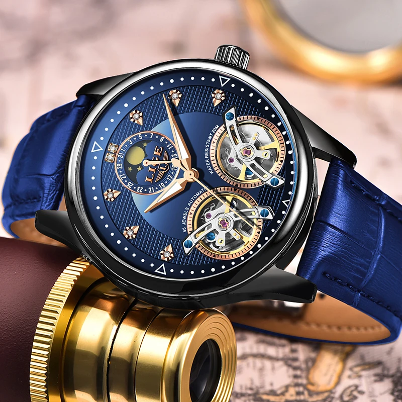 Мужские механические часы LIGE Top Brand автоматические с турбийоном и фазой Луны