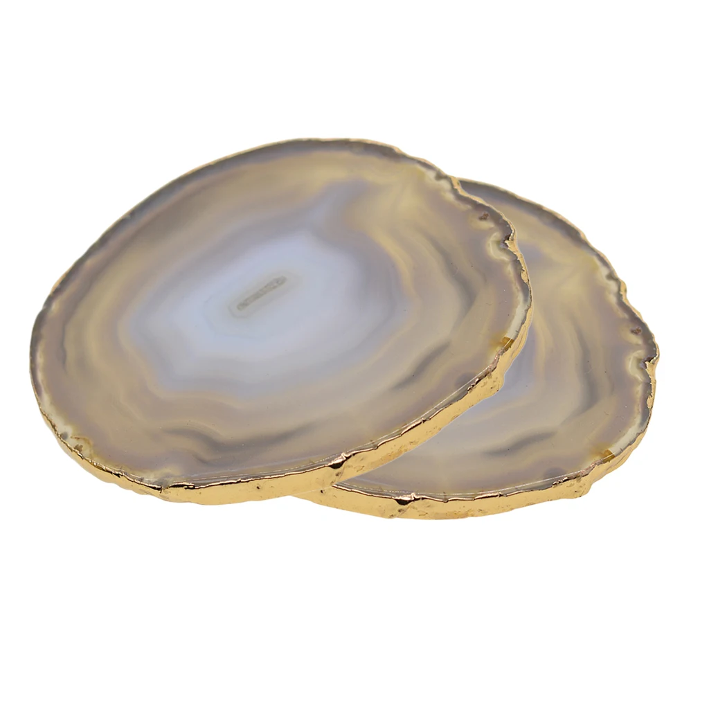 2pcs Natural Agate Slices Gold Edge Geode Coaster Cup Mat DIY Jewelry Crafts