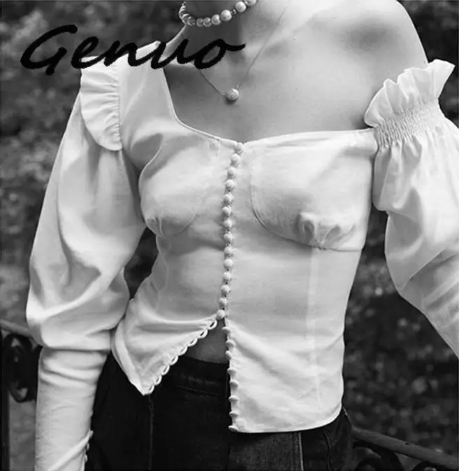 

Genuo New Sexy Off Shoulder Shirts Blouses Female Puff Long Sleeve Patchwork Ruffle Womens Shirt Blouse 2019 Elegant Fashion