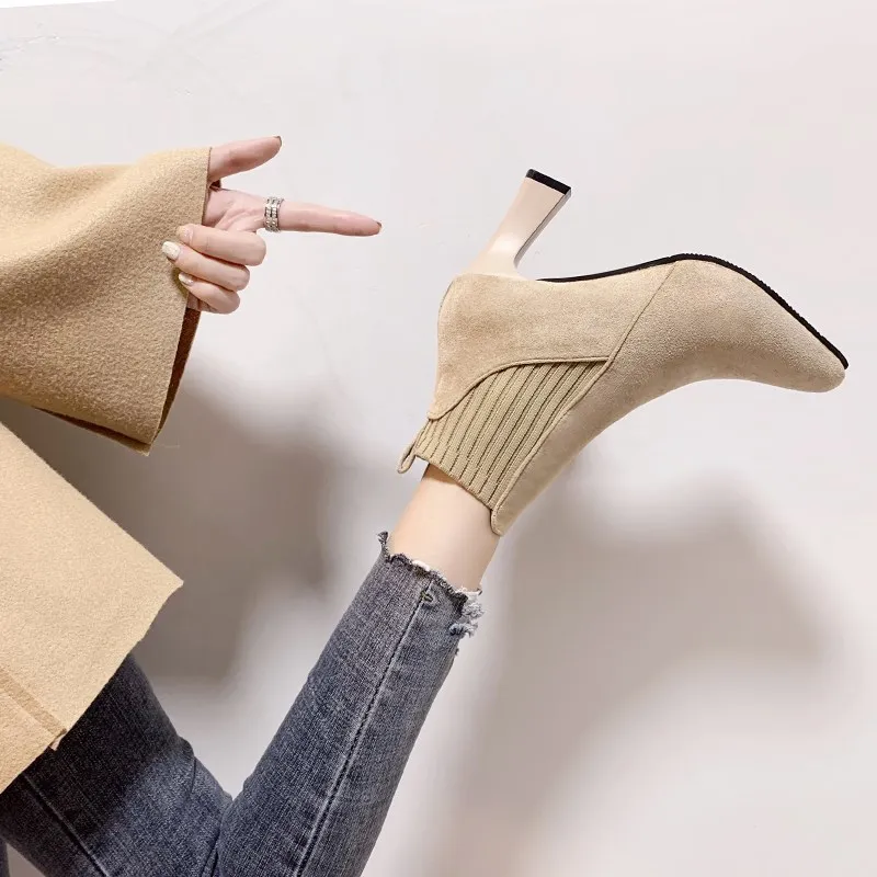 

Spring Socks Elegant Women Chelsea Knitted Boots Brand Short Ankle Boots Platform pointed Single Shoes Woman Mujer U22-05