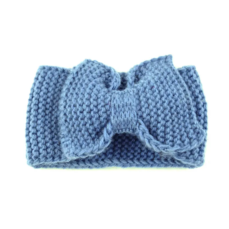 denim blue Женская вязаная повязка на голову с ушками, шерстяные зимние аксессуары для волос, тюрбан, повязка на голову для девочек, повязка на голову с бантом - Цвет: denim blue