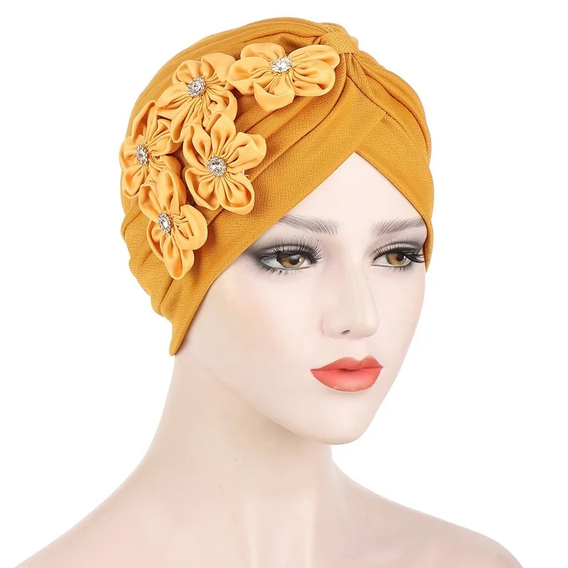 

CharmGo 2021 New Women Five Flowers Ruffle Turban Caps Muslim Elastic Pearls Headscarf Bonnet Ladies Hair Accessories Indian Cap