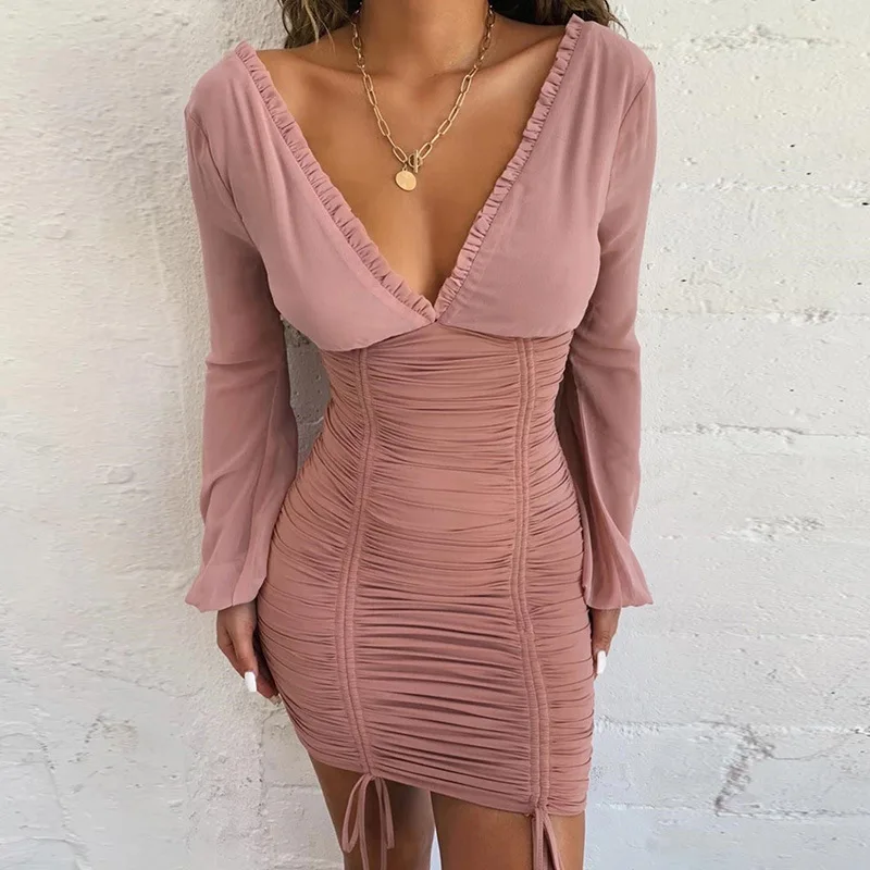 

2019 Women Autumn Sexy Long Sleeve Deep V-Neck Pleated Club Party Beach Dress Pink Female Vestido