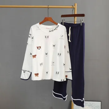 

New Style Pajamas Women Autumn Long-sleeved Round Neck Nine-points Pants Homewear Stretch Warm Cartoons Women Suit Pyjamas Femme