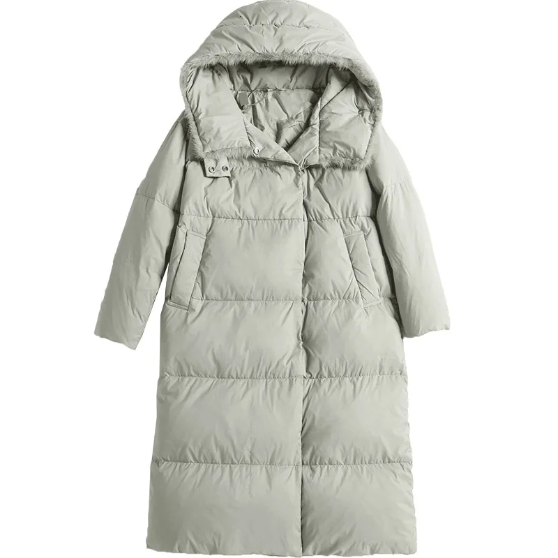 Over knee length down jacket female Euramerican style thick white duck down warm fashion down jacket hooded women 199007
