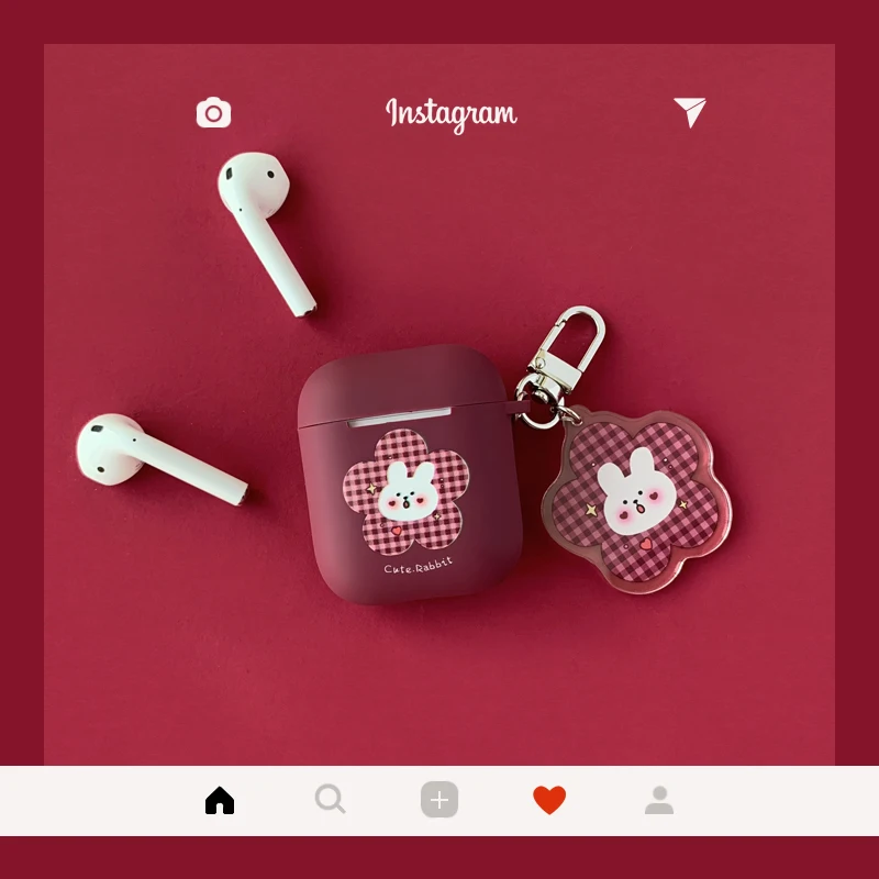 Бордовый Чехол для наушников с мультяшным кроликом для Airpods 2, силиконовый беспроводной Bluetooth чехол для наушников с милыми фруктами, защитный чехол для ключей - Цвет: Бордовый
