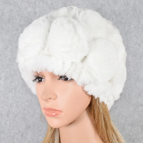 white Женский Настоящий мех кролика, шапка для русской зимы, теплый мех кролика Рекс, шапка бини, натуральный цветочный Повседневный Настоящий мех кролика, шапка - Цвет: white