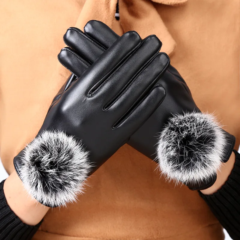 Зима теплая рукавица женщины искусственная кожа мех кролика шары женские перчатки причинно наручные мягкая покрыты езда Finger бархатных перчатках варежки