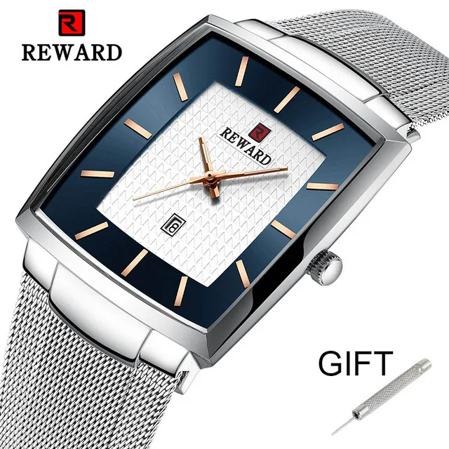 Награда Для мужчин часы от топ бренда Водонепроницаемый тонкая сетка в стиле милитари наручные часы Для мужчин кварцевые спортивные Бизнес квадратные часы Relogio Masculino - Цвет: silver