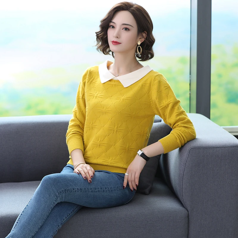 ASLTW Two Side Wear Sweater Woman Autumn Long Sleeve Pullovers Jumper Pull Femme High Quality Lapel Women's Sweater - Цвет: Цвет: желтый