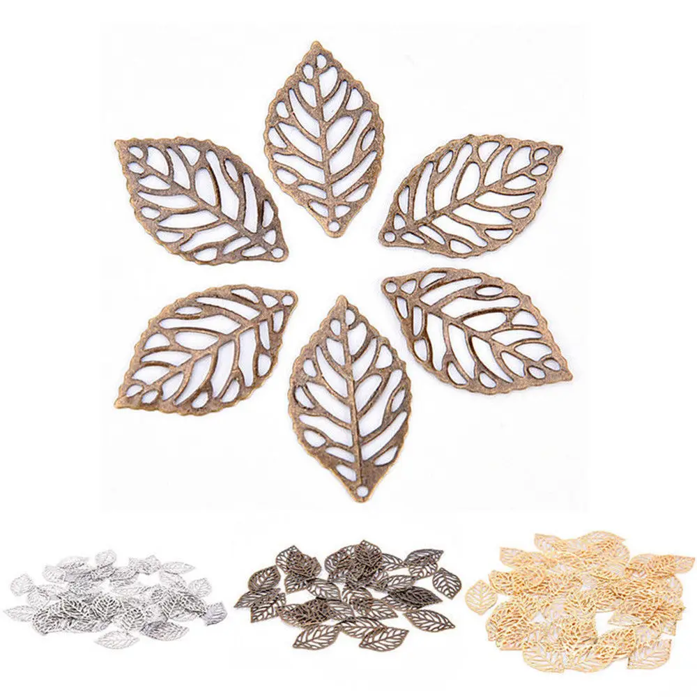 50Pcs Leaves Filigree Flower Wraps Metal Charms Crafts Connector Scrapbook DIY Jewelry Decoration Tool Handmade Gift Accessories