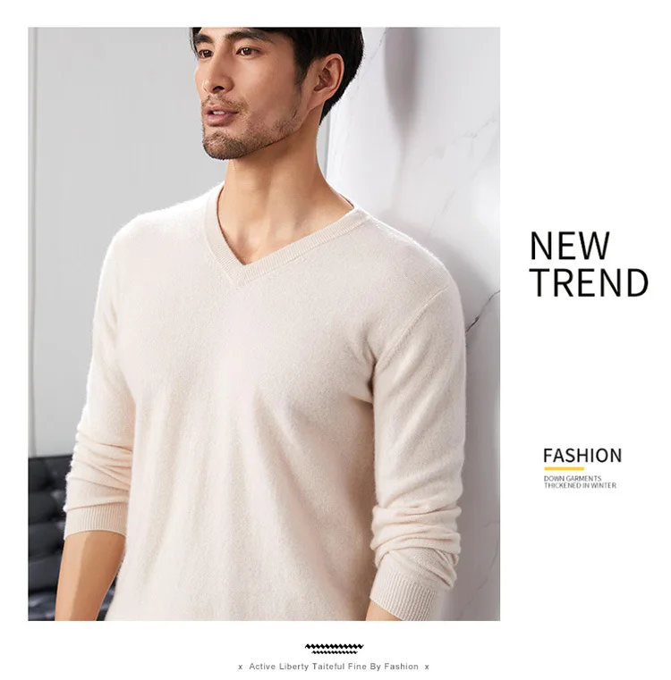 Autumn And Winter New Men's Cashmere Sweater V-neck Pullover Sweater 100% Wool Sweater Loose Casual Bottoming turtleneck sweater men