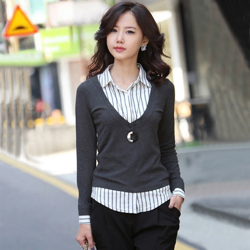 2020 autumn and winter sweater plus size women shirt collar knitted sweaters basic shirts female faux two piece tops long sleeve | Женская