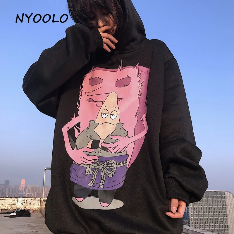 NYOOLO Harajuku street childlike мультфильм печати плюс бархат теплые толстовки Осень Зима Свободный пуловер толстовка с капюшоном для женщин мужчин