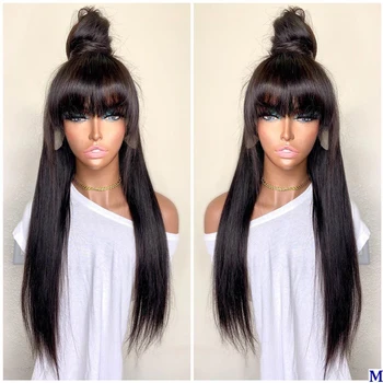 

SimBeauty Long Straight 360 13x4 Lace Front Human Hair Wigs With Bangs Peruvian Remy PrePlucked Glueless Full Lace Fringe Wig