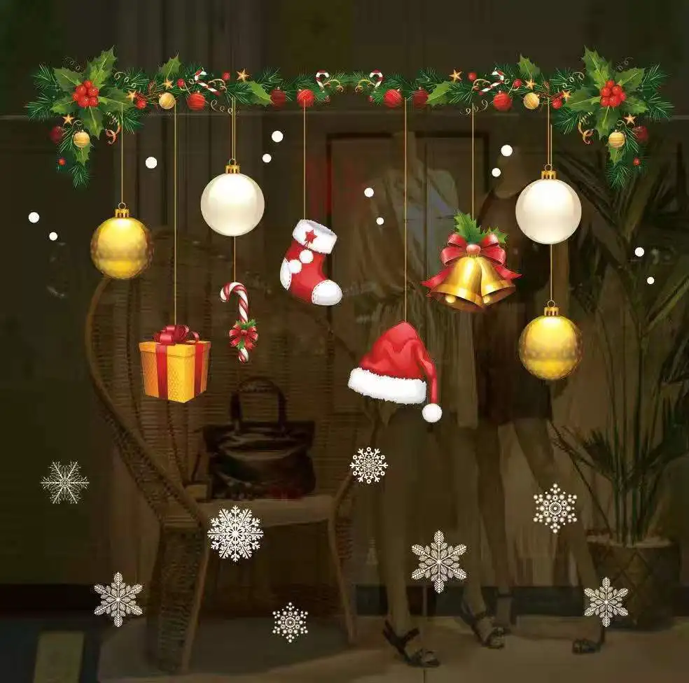 Рождественские наклейки для стеклянных дверей, праздник, событие, сцена, макет окна, наклейки на стену, без клея, зеркальные наклейки, сделай сам, украшение