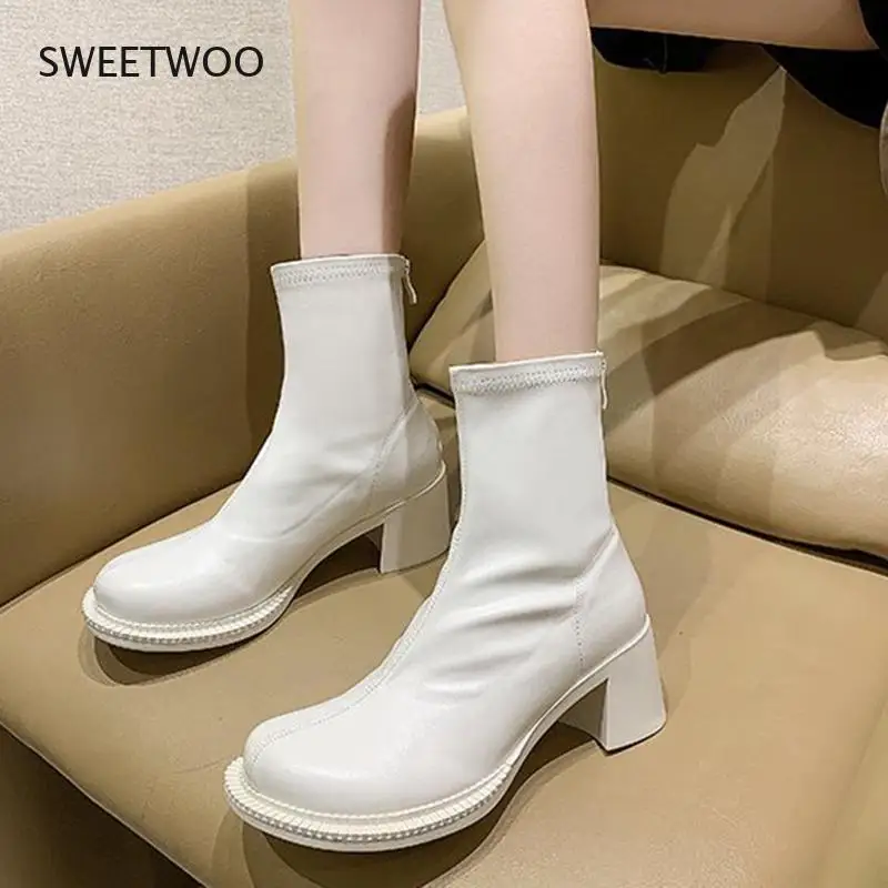 Women Big Toe Chunky Heel Boots Pu Leather Platform Ankle Boots With Elastic Zipper Vintage Style Autumn Winter