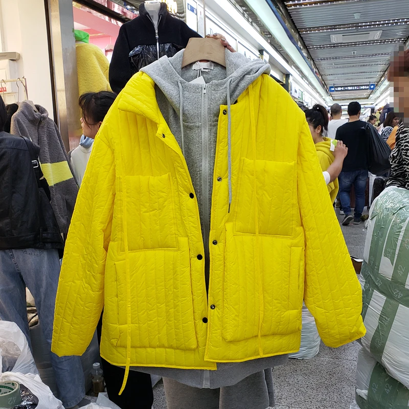 European Autumn Winter New Loose-fitting Parka Coat Hoodie Stitching Fake Two-piece Hooded Down Cotton Jacket Woman Outwear