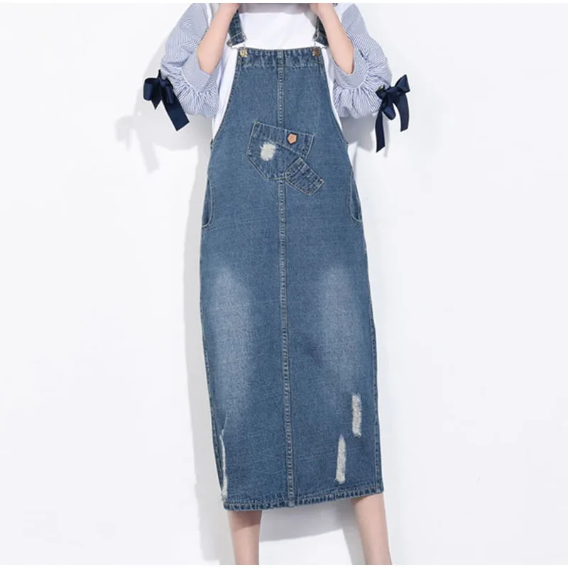 Женская джинсовая юбка на подтяжках рваная длинная из денима размера плюс 4Xl