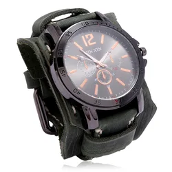 Men's Punk Style Retro Black Cowhide Strap Watch with Wide Leather Band and Big Dial三肖 (Retro Green)