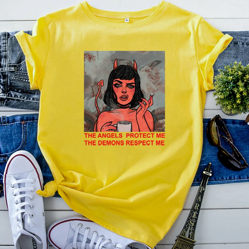 Cartoon Little Devil Girl Printing Womens Tshirts Gothic Harajuku Woman Tee Shirts High Quality Vintage T Shirts For Women'S