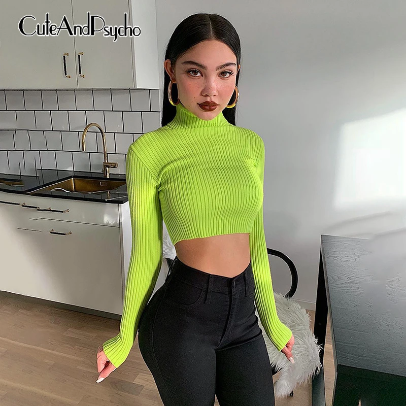 

Knitted Sweaters Women Fashion Neon Green Turtleneck Sweater Cropped Top Bodycon Skinny Pullover Femme 2019 Autumn Cuteandpsycho