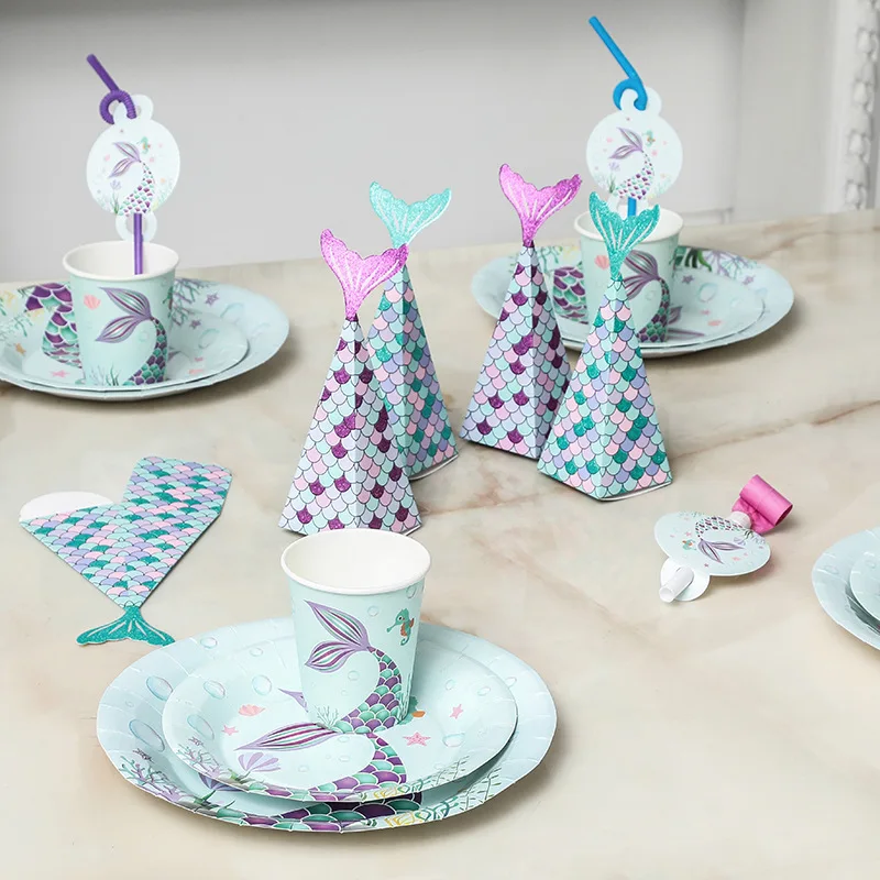 Одноразовые вечерние столовые наборы в форме русалки для вечеринки на день рождения, украшения в виде торта, украшения для девочек на первый день рождения WQ02