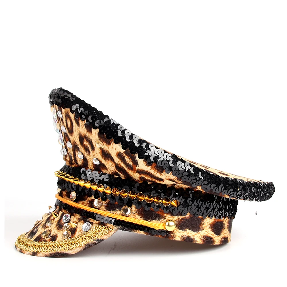 Military Style Captains Hat Punk Rivet Women Leopard Army Hat Cortical Sergeant Police Cap Rave Festival Cosplay cap hat costume hat leather hat