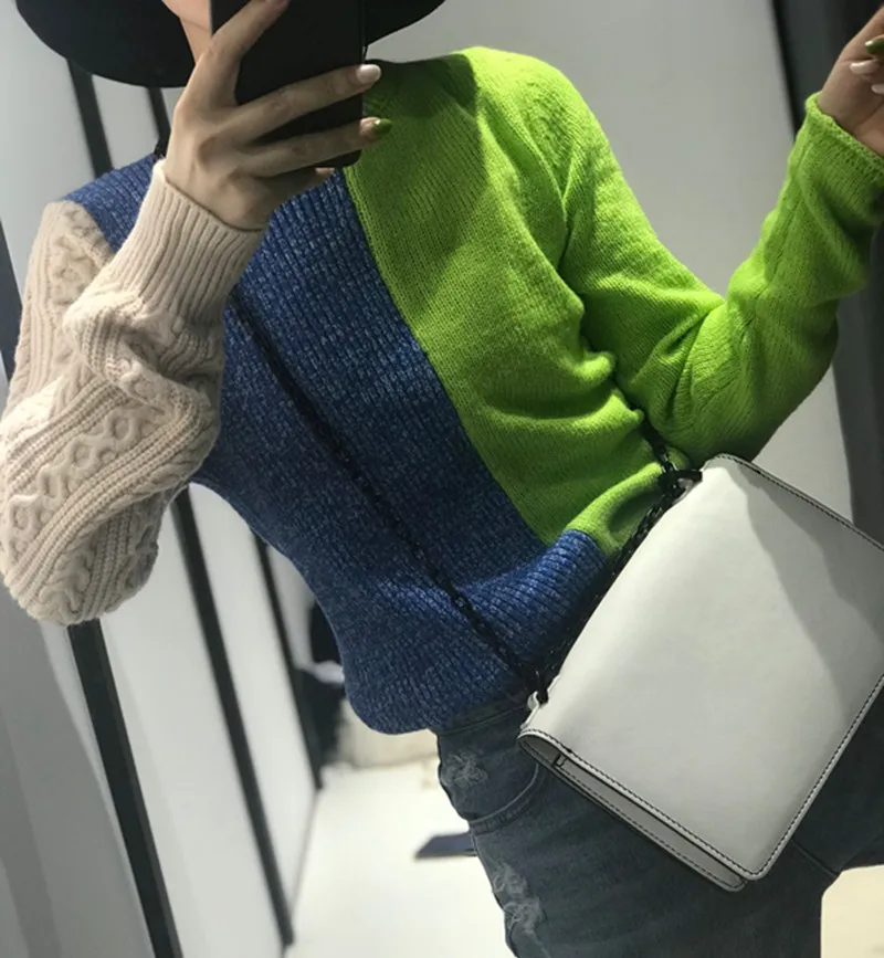 Pullover female new irregular contrast color sweater