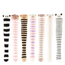 Cartoon Animal Panda Cat Sheep Color Stripes Winter Warm Over Knee Coral Fleece Long Socks Women Girls