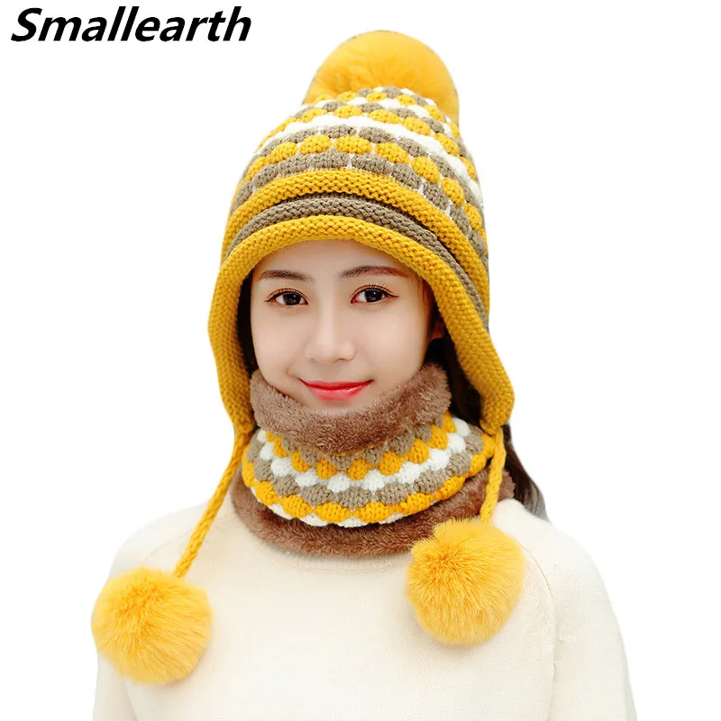 

New Winter Women Pompom Hat And Scarf Set Girls Plus Velvet Warm Beanie Cap Female Winter Casual Thick Knitted Hats 2 Pieces Set