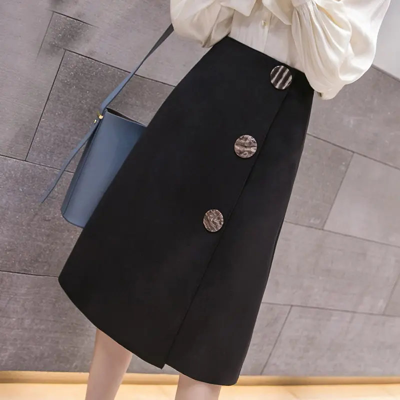 black women skirt RealShe, Женская юбка размера плюс, высокая талия, пуговицы, юбки для женщин размера плюс, осень, Повседневная мода, уличная одежда, а-силуэт, Jupe Femme - Цвет: black women skirt