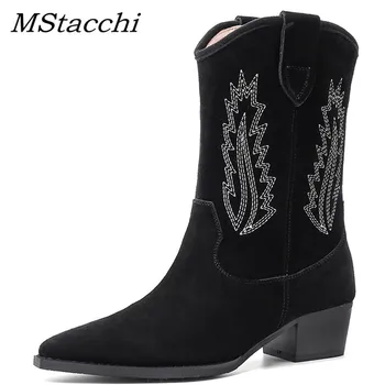 

MStacchi Women Genuine Leather Short Boots Women Pointed Toe Mid-Calf Boots Women Slip On Autumn Winter Casual Shoes Size 34-46