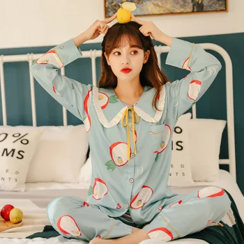 

Sweet 2PCS Spring Autumn Pajamas Suit Young Lady Cute Fruit Print Nightwear Bow Ruffles Sleepwear Loose Shirt&Pant Home Clothes