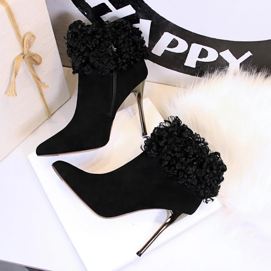 

Women Ankle Boots Stilettos High Heels 10.5CM Pointed Toe Winter Lace Rabbit Hair Warm Female Boots Fur Shoes Woman Snow Boots