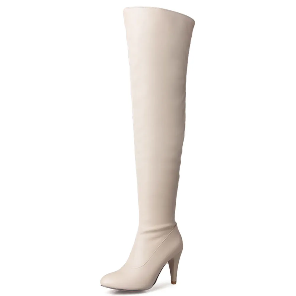 BONJOMARISA Plus Size 31-46 Sexy Thigh High Boots Women Pointed Toe Ladies High Heels Shoes Woman Party Ol Over The Knee Boots - Цвет: beige thin fur